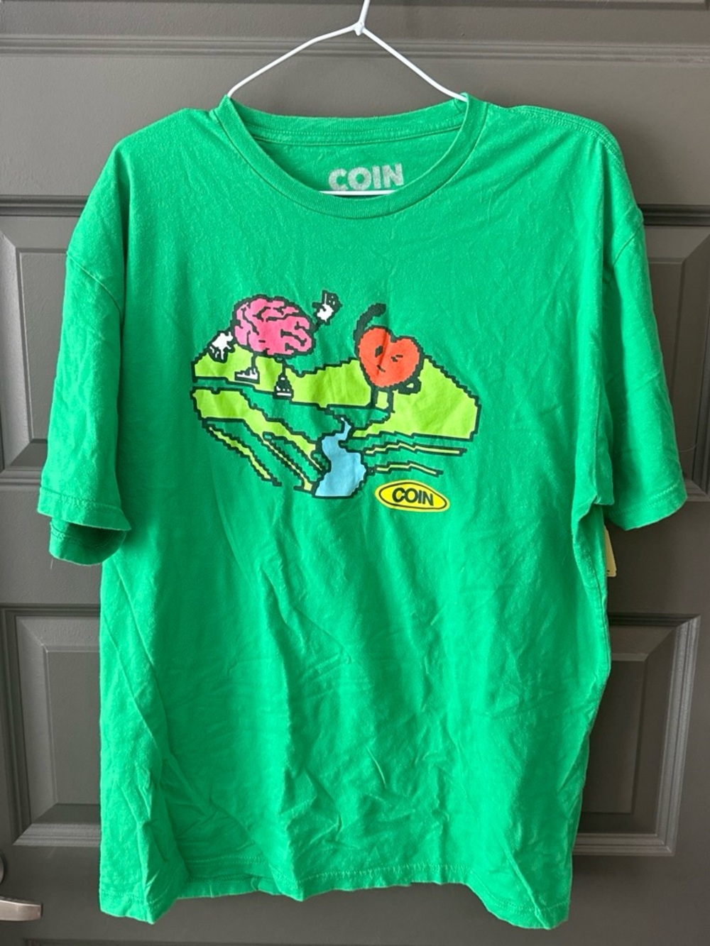 COIN Indie Band Graphic T-Shirt Bright Green Pixel brain & heart Art Extra Large